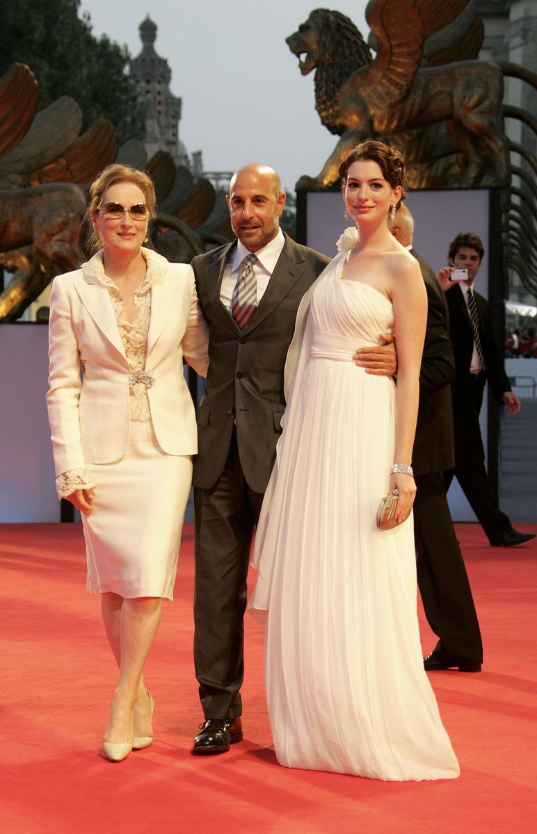 Actors Meryl Streep, Stanley Tucci and Anne Hathaway attend the premiere of the film 'Devil Wears Prada' during the ninth day of the 63rd Venice Film Festival on September 7, 2006 in Venice, Italy.  (Photo by MJ Kim/Getty Images)