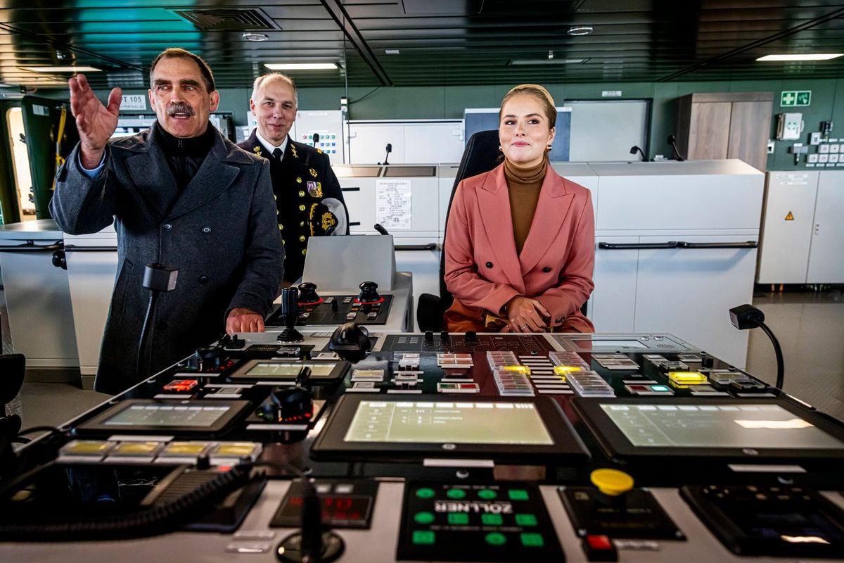 VLISSINGEN, NETHERLANDS - FEBRUARY 21: Princess Amalia of the Netherlands sit at the controls on the bridge as she attends to name the naval ship Den Helder built by Damen Naval Shipyards on February 21, 2025 in Vlissingen, Netherlands. The naming ceremony is the first public solo event for Princess Amalia in The Netherlands. (Photo by Patrick van Katwijk/Getty Images)