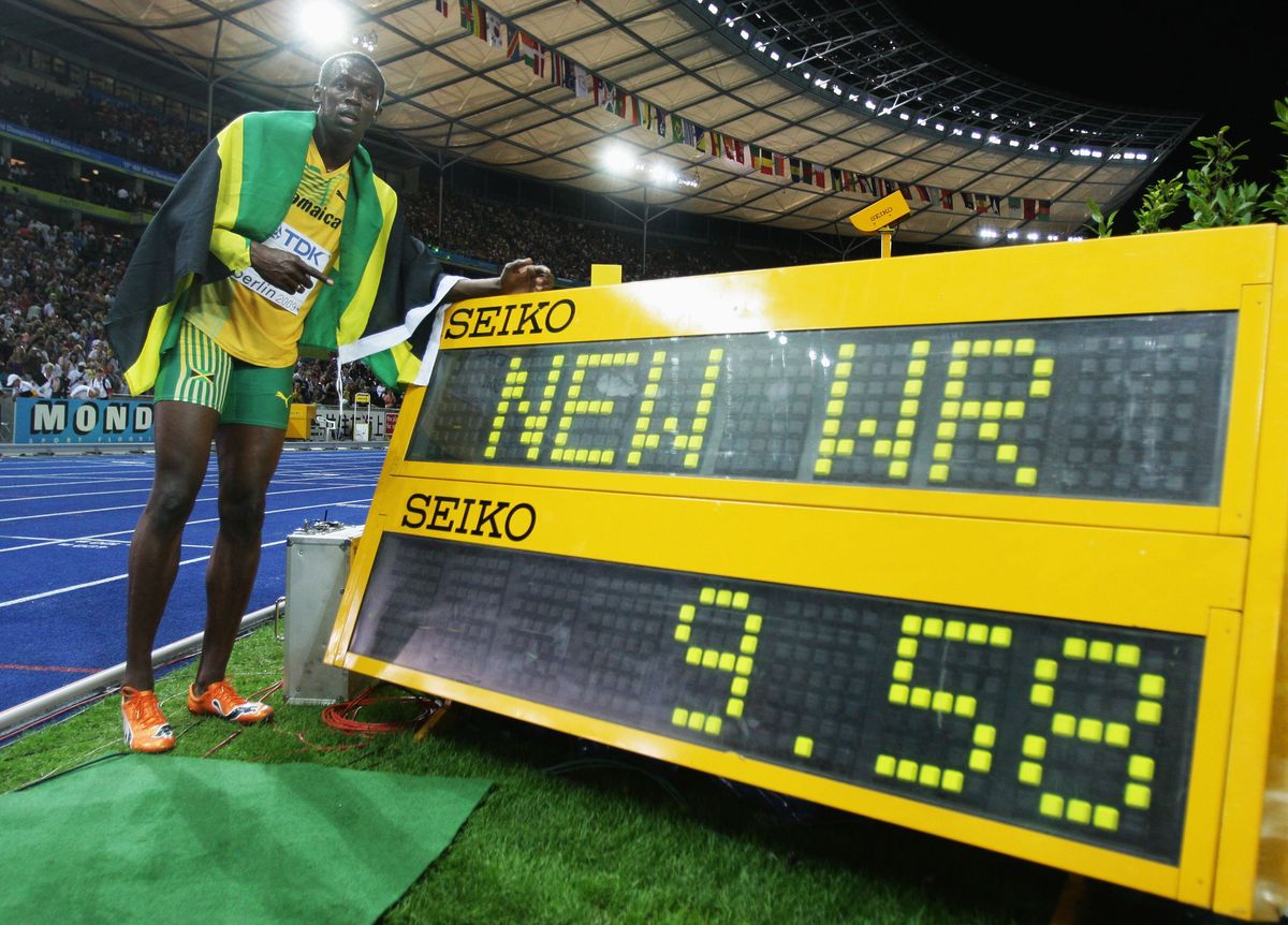 Usain Bolt at the Men's Final during day two of the 12th IAAF World Athletics Championships at the Olympic Stadium on August 16, 2009 in Berlin