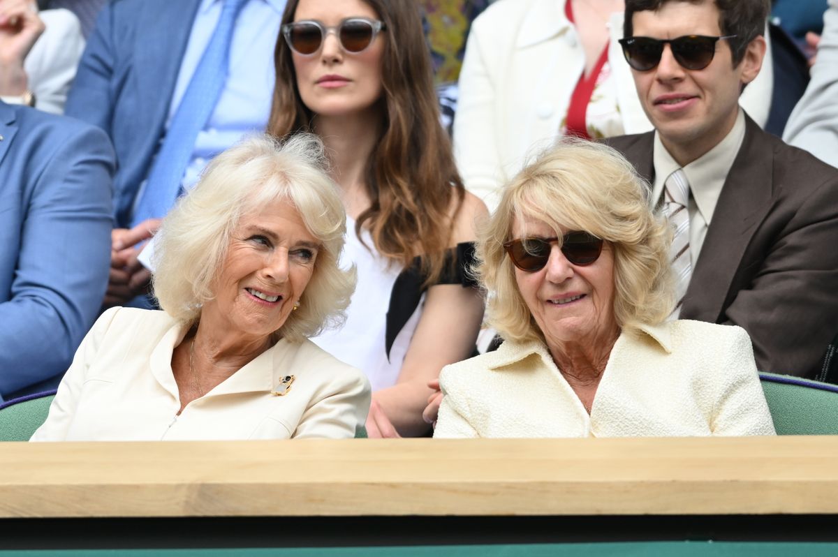 LONDON, ENGLAND - JULY 10: (L-R) Queen Camilla, Keira Knightley, Annabel Elliot and James Righton attend day ten of the Wimbledon Tennis Championships at the All England Lawn Tennis and Croquet Club on July 10, 2024 in London, England. (Photo by Karwai Tang/WireImage)