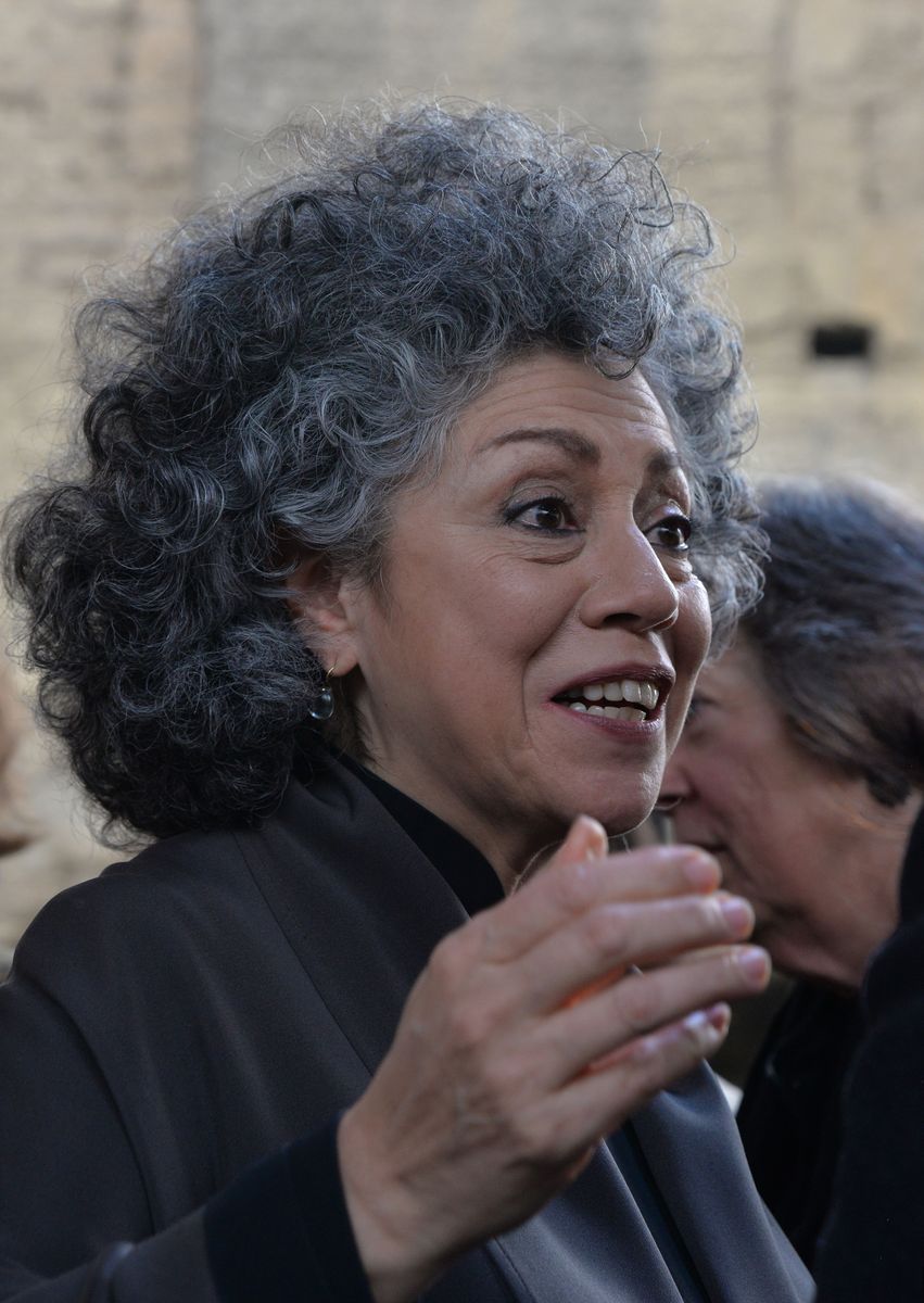 Colombian sculptor Doris Salcedo speaks during the pre-inauguration of her peace monument titled 'Fragmentos' (Fragments), for which she used the molten weapons handed over by former guerrilla FARC to make the floor, in Bogota on July 31, 2018.