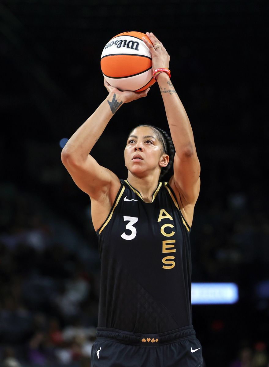 Candace Parker #3 of the Las Vegas Aces shoots a free throw in the second quarter of a game against the Indiana Fever at Michelob ULTRA Arena on June 26, 2023 in Las Vegas, Nevada. 