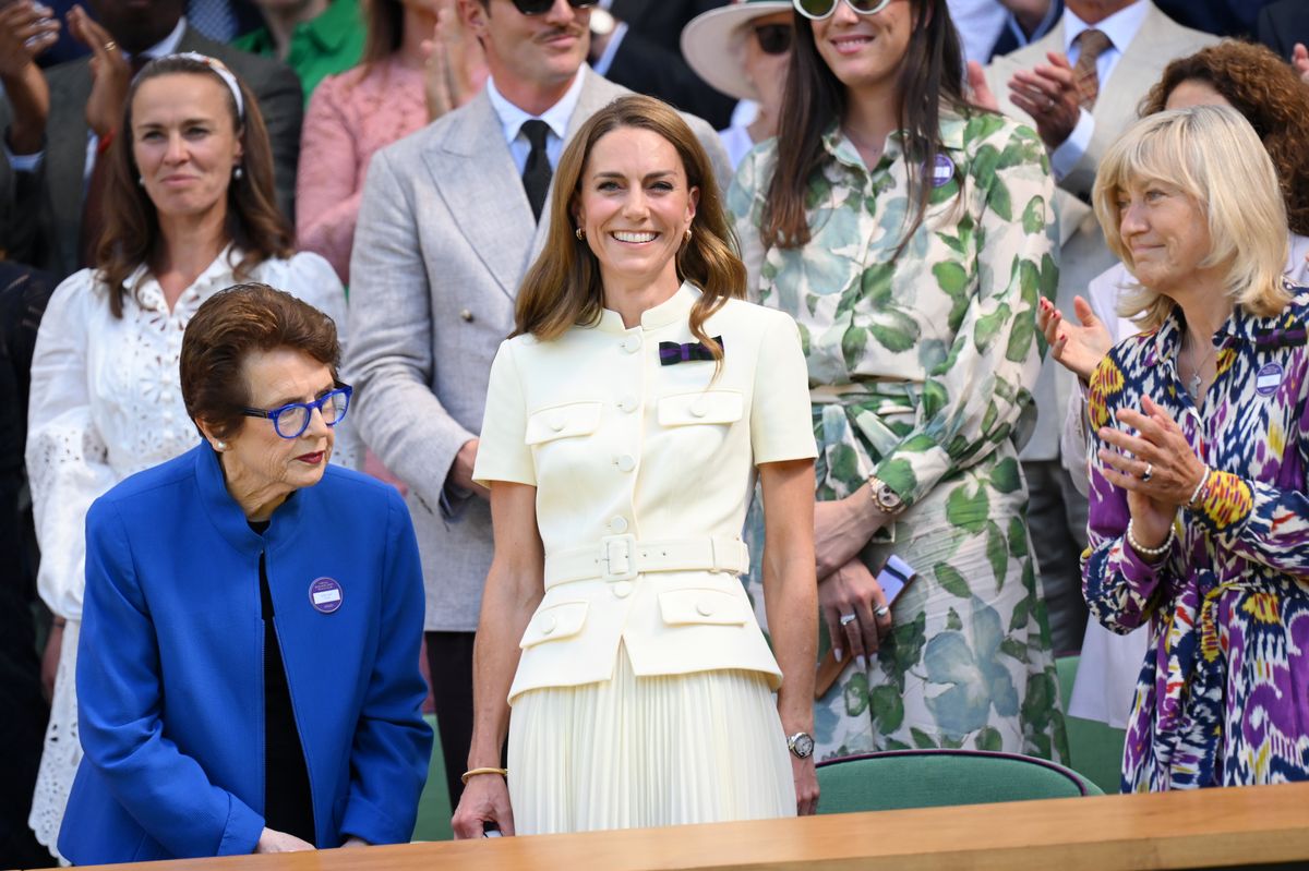 LONDON, ENGLAND - JULY 12: Catherine, Princess of Wales attends day thirteen of the Wimbledon Tennis Championships at the All England Lawn Tennis and Croquet Club at All England Lawn Tennis and Croquet Club on July 12, 2025 in London, England. (Photo by Karwai Tang/WireImage)