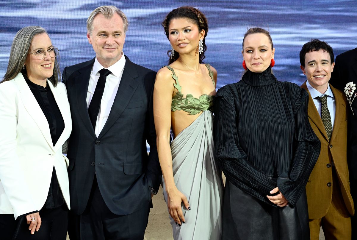 Emma Thomas, Christopher Nolan, Zendaya, Samantha Morton and Elliot Page attend the world premiere of "The Odyssey" at Odeon Luxe Leicester Square on July 06, 2026 in London, England