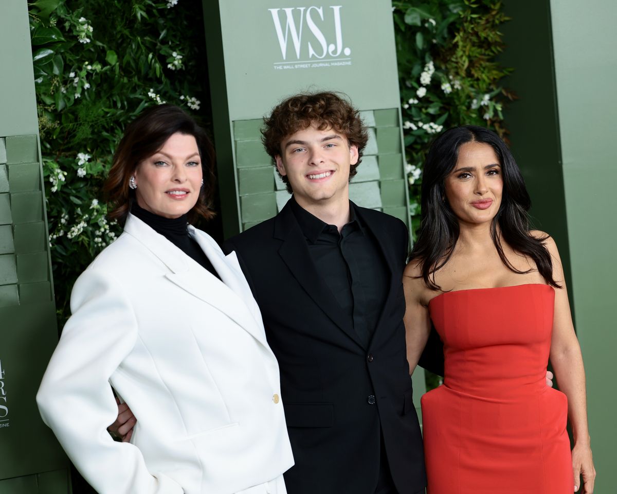 Linda Evangelista, Salma Hayek and Augustin Evangelista attend the WSJ. Magazine 2024 Innovator Awards on October 29, 2024 in New York City.  (Photo by Dimitrios Kambouris/Getty Images for WSJ. Magazine Innovators Awards)