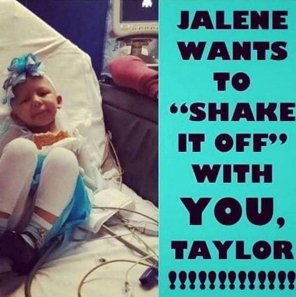 #ShakeItOffForJalene: Taylor encouraged fans across the world to participate in her and 4-year-old fan Jalene Salinas' online dance party, an act that Jalene can cross off of her bucket list thanks to the pop star.
<br>
Photo: Facebook/Jalene's Journey