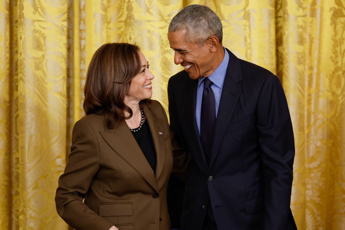 (L-R) Vice President Kamala Harris and Former President Barack Obama attend an event to mark the 2010 passage of the Affordable Care Act in the East Room of the White House on April 5, 2022 in Washington, DC. With then-Vice President Joe Biden by his side, Obama signed 'Obamacare' into law on March 23, 2010. (Photo by Chip Somodevilla/Getty Images)
