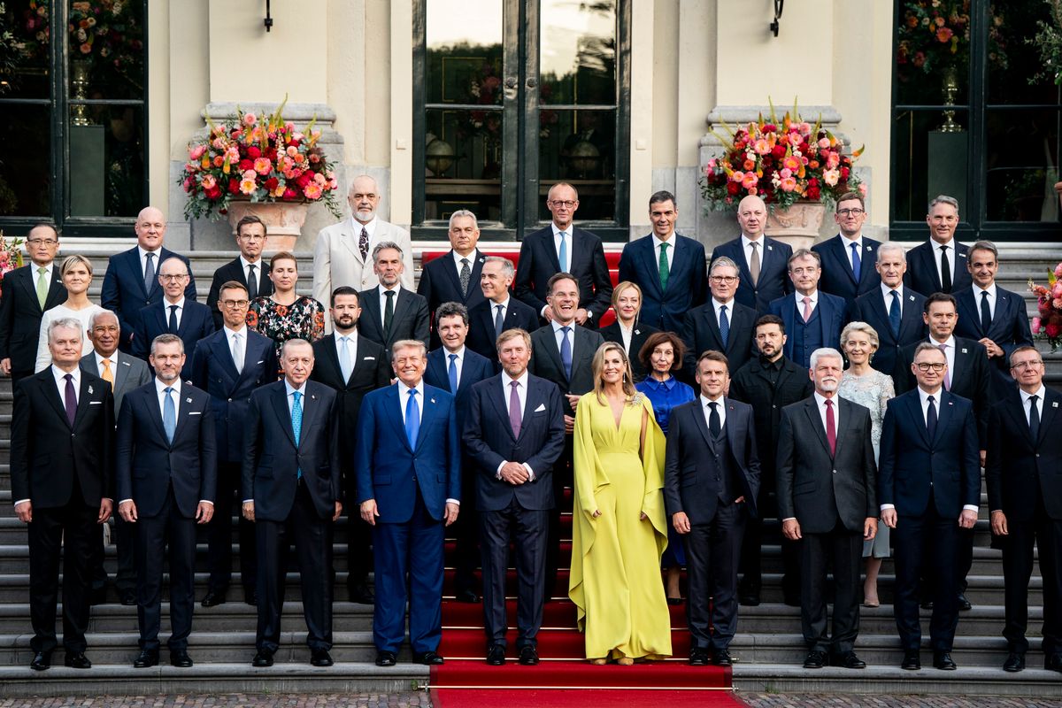 THE HAGUE, NETHERLANDS - JUNE 24:  NATO Leaders join King Willem-Alexander and Queen MÃ¡xima of the Netherlands for a family photo as they participate in the 2025 NATO summit on June 24, 2025 in The Hague, Netherlands. This year's NATO summit, which brings together heads of state and government from across the military alliance, is being held in the Netherlands for the first time. Among other matters, members are to approve a new defense investment plan that raises target for defense spending to 5% of GDP. (Photo by Haiyun Jiang-Pool/Getty Images)