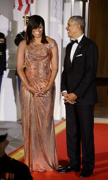 The first lady dazzled in a gown by Atelier Versace.
Photo: Olivier Douliery DPA/PA Images