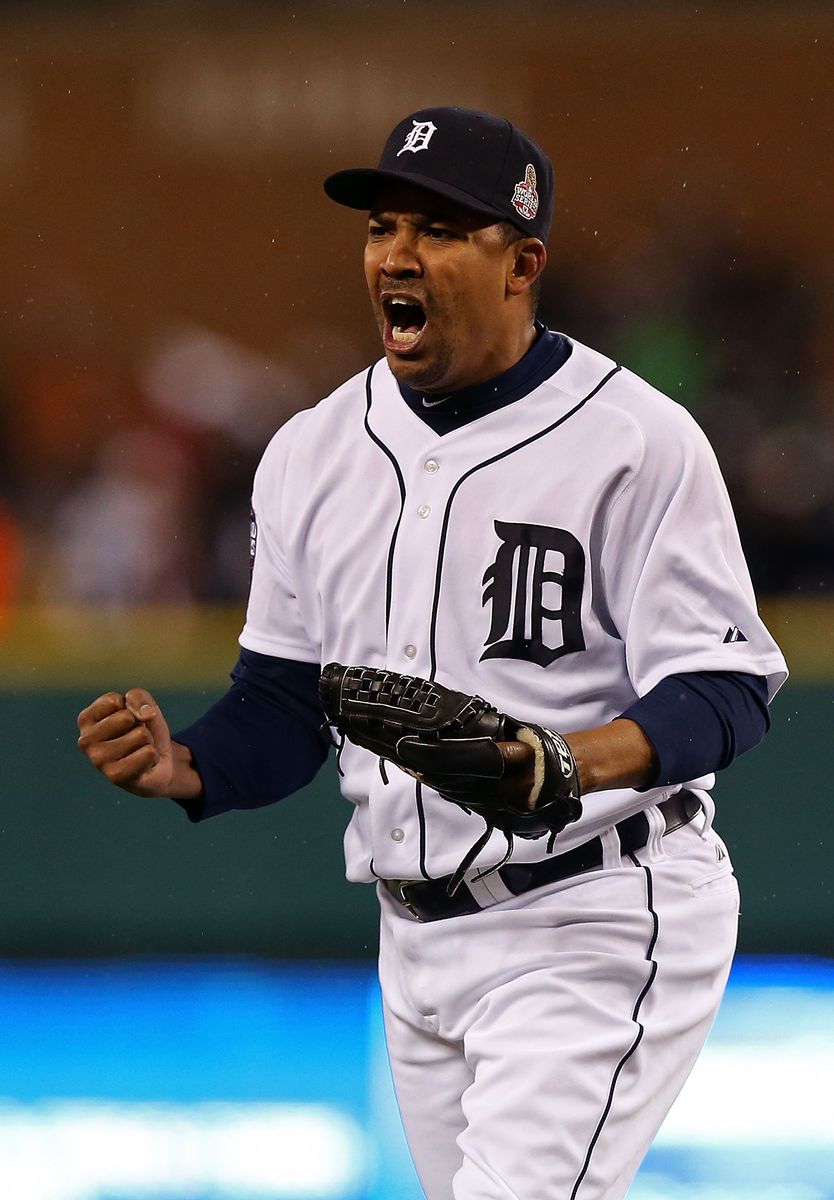 Octavio Dotel #20 of the Detroit Tigers reatcs after striking out Buster Posey #28 of the San Francisco Giants in the eighth inning during Game Four of the Major League Baseball World Series at Comerica Park on October 28, 2012 in Detroit, Michigan.  (Photo by Ezra Shaw/Getty Images)