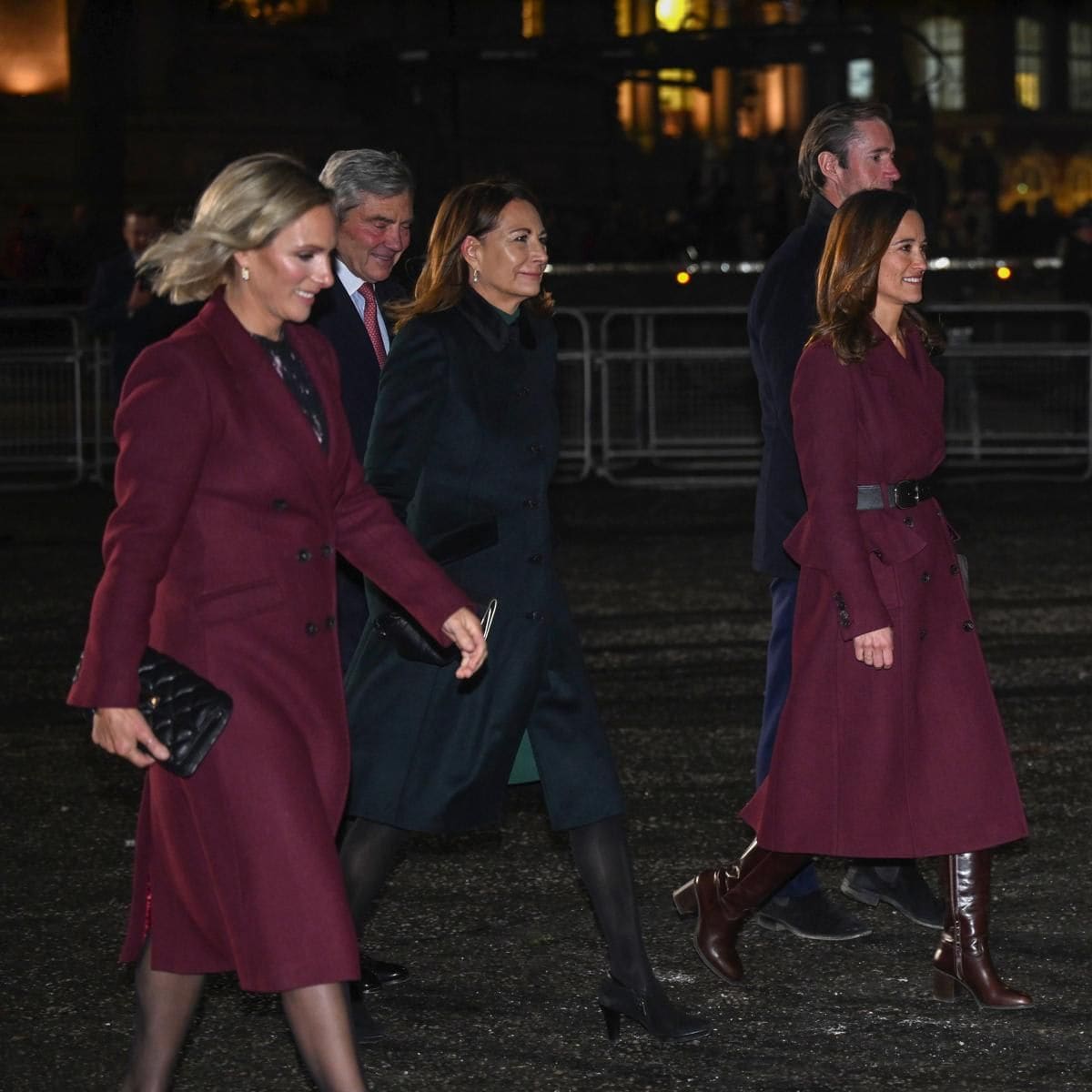 Zara Tindall pictured walking alongside Catherine's parents, Carole and Michael Middleton, and sister Pippa Middleton and her husband James Matthews