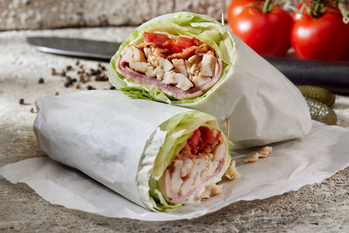 Roast Chicken BLT Lettuce Wrap Sandwich with Black forest Ham, Bacon, Lettuce, Tomato and Mayo
