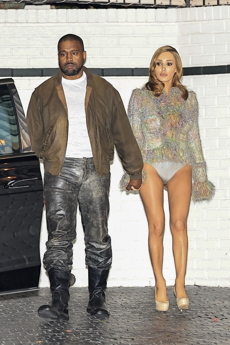 Bianca Censori steps out in sheer pastel knit bodysuit with dramatic high-cut design and Hollywood-inspired hair