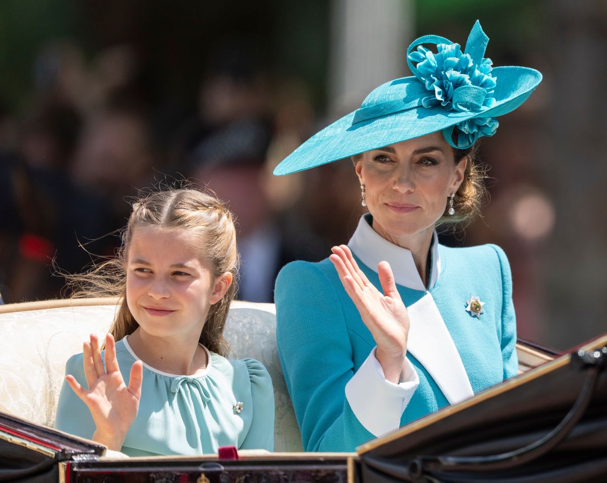 LONDON, ENGLAND - JUNE 14: Catherine, Princess of Wales and Princess Charlotte of Wales during Trooping The Colour 2025 on June 14, 2025 in London, England. Trooping The Colour is a ceremonial parade celebrating the official birthday of the British Monarch. The event features over 1,400 soldiers and officers, accompanied by 200 horses. More than 400 musicians from ten different bands and Corps of Drums march and while performing. (Photo by Mark Cuthbert/UK Press via Getty Images)