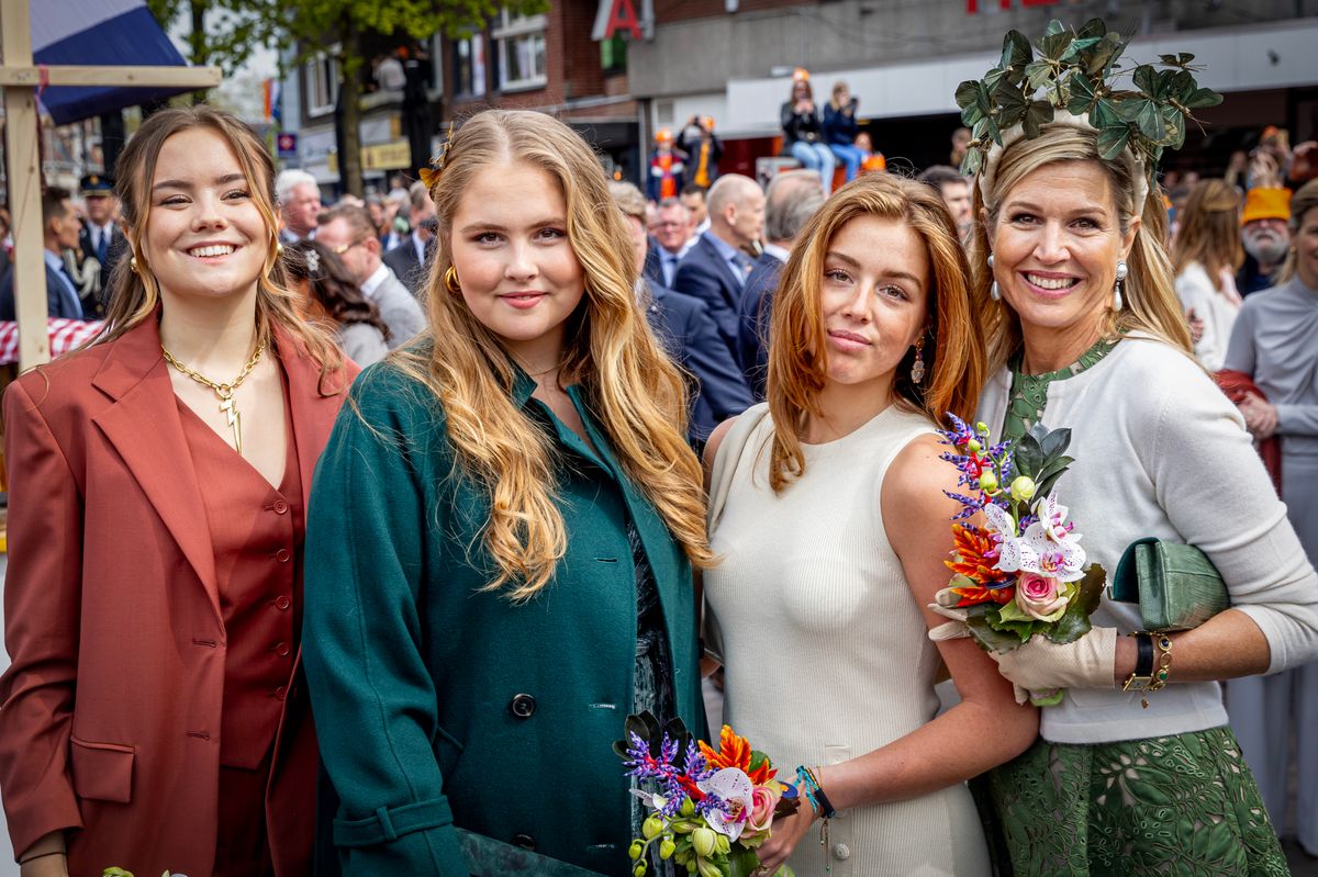 EMMEN, NETHERLANDS - APRIL 27: Queen Maxima of The Netherlands, Princess Amalia of The Netherlands, Princess Alexia of The Netherlands and Princess Ariane of The Netherlands during King's Day on April 27, 2024 in Emmen, Netherlands. (Photo by Patrick van Katwijk/Getty Images)