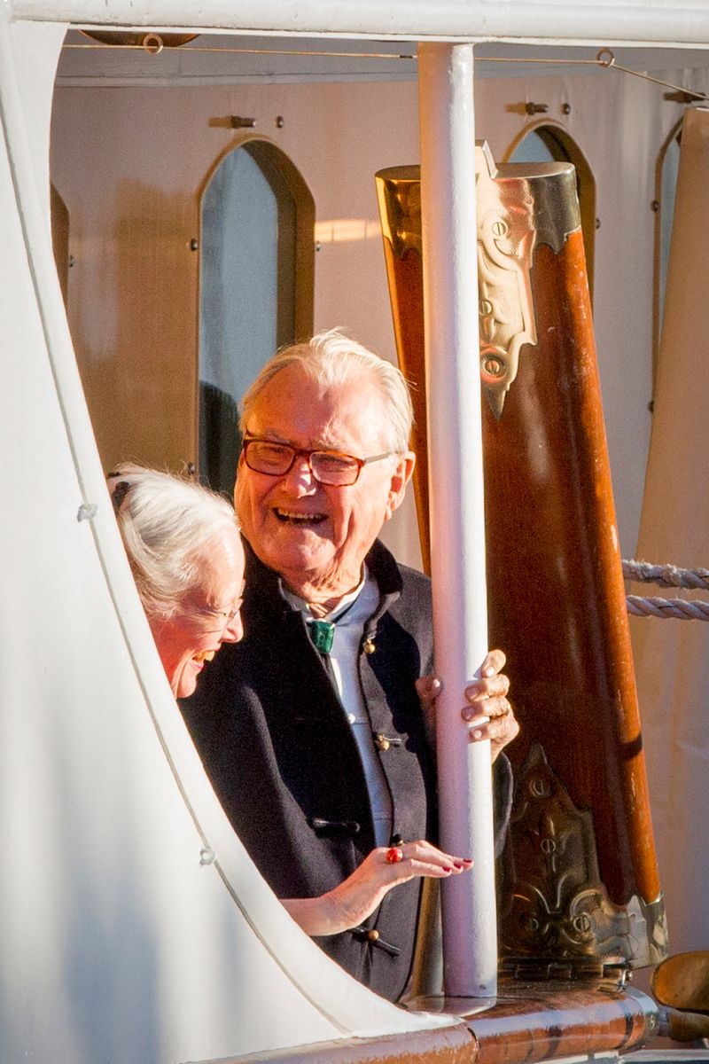 Queen Margrethe of Denmark and Prince Henrik of Denmark attend the 18th birthday celebration of Prince Nikolai at royal ship Dannebrog on August 28, 2017 in Copenhagen, Denmark.