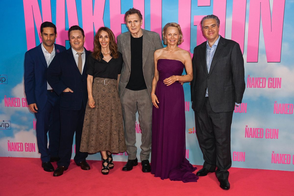 Doug Mand, Dan Gregor, Erica Huggins, Liam Neeson, Pamela Anderson and Lorne Balfe attend the UK Premiere of "The Naked Gun" in London