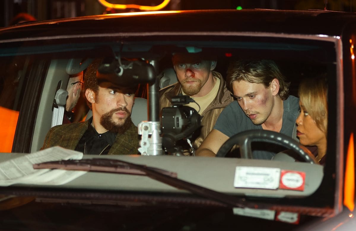 Bad Bunny, Yuri Kolokolnikov, Austin Butler and Regina King are seen at the movie set of the 'Caught Stealing' 