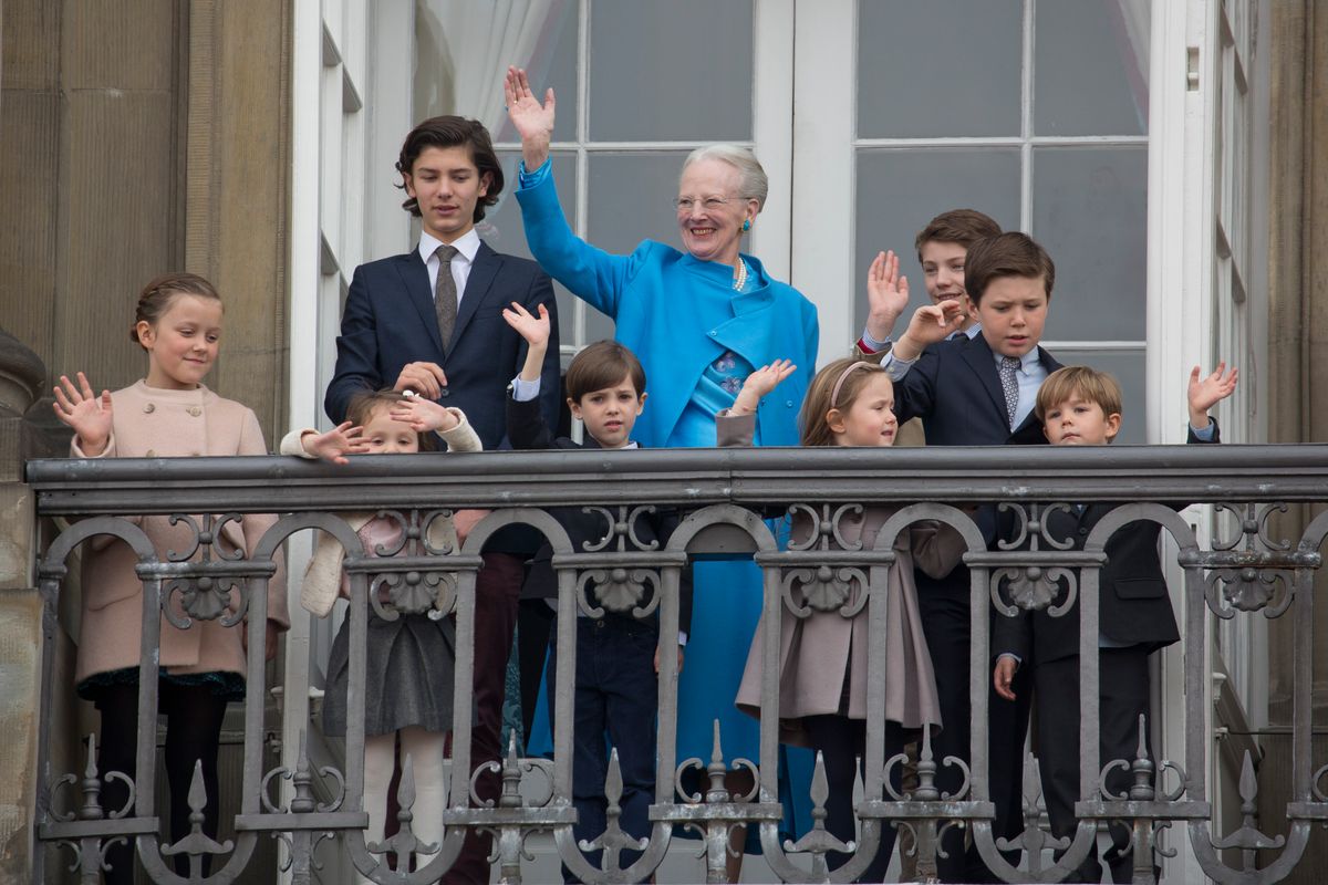 Queen Margrethe II of Denmark celebrates her 76th Birthday with her grandchildren, ( l to r ) Princess Isabella,Prince Nikolai, Princess Athena, Prince Henrik, Princess Josephine,Prince Felix,Prince Christian and Prince Vincent, at Amalienborg Palace, on April 16, 2016, in Copenhagen, Denmark