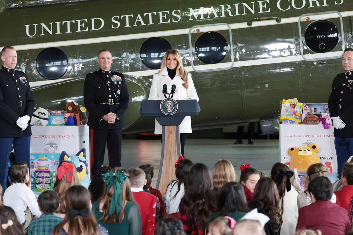 First lady Melania Trump delivers remarks during a Toys for Tots Charity Drive at Marine Corps Base Quantico 