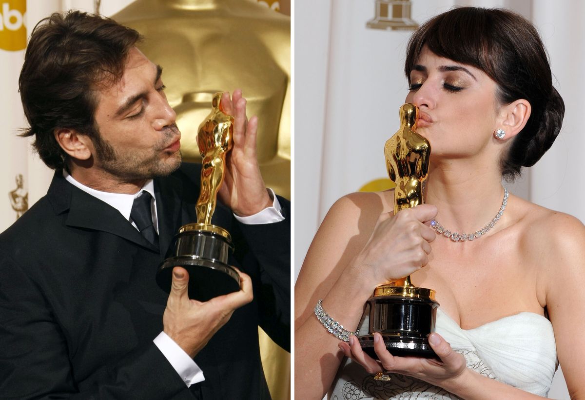 Javier Bardem kissing his Oscar for Best Supporting Actor in "No Country For Old Men" on February 24, 2008 and Penelope Cruz kissing her Oscar for Best Supporting Actress for "Vicky Cristina Barcelona" on February 22, 2009 