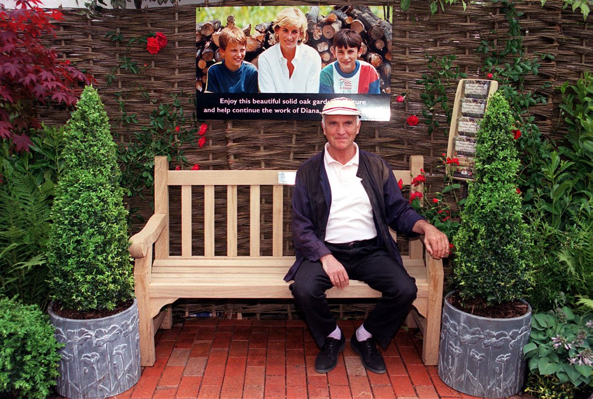 Actor Terence Stamp sits on the Diana, Princess of Wales garden bench at the Chelsea Flower Show.