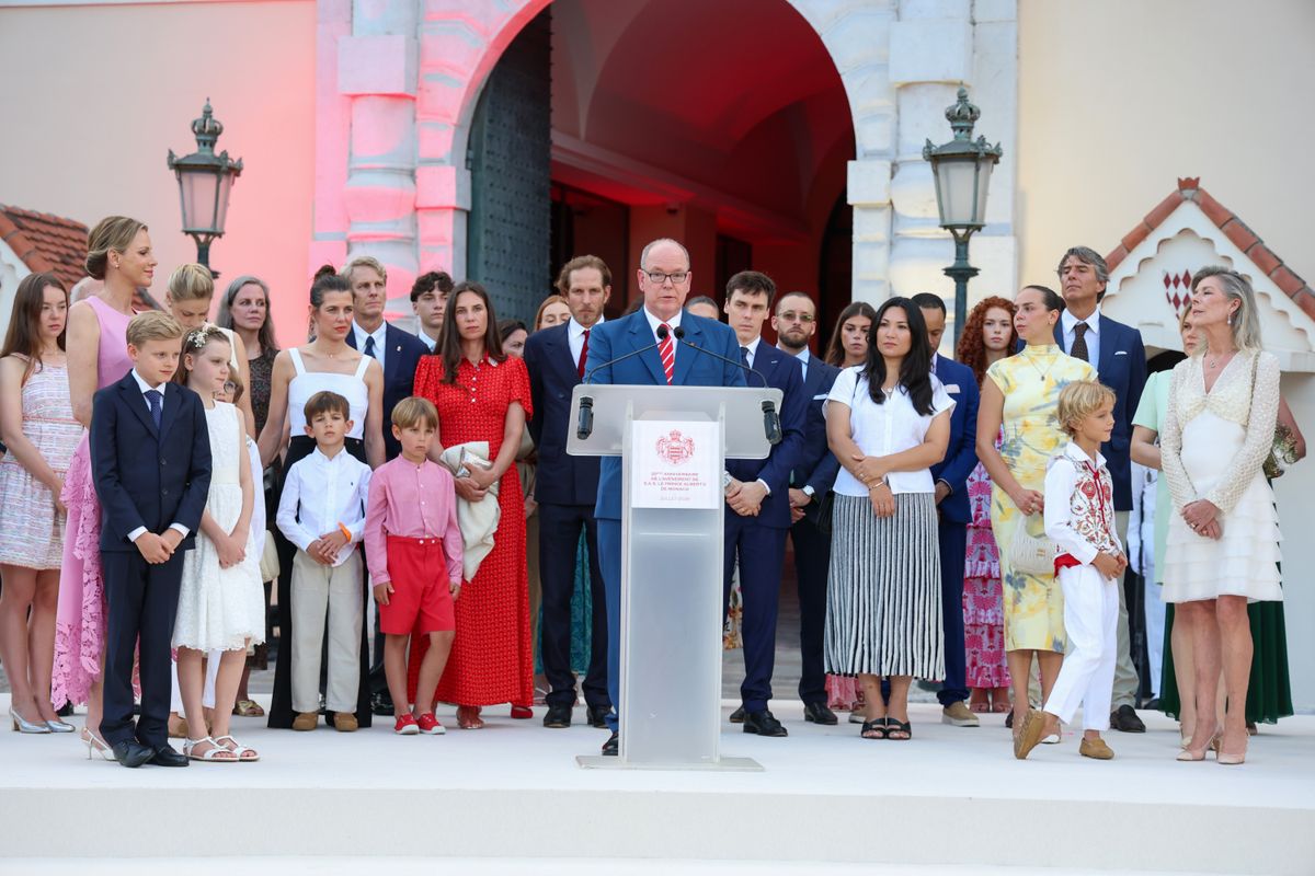 Prince Albert II of Monaco (C) gives a speech next to (L-R) Princess Alexandra of Hanover, Princess Charlene of Monaco, Prince Jacques of Monaco, Beatrice Borromeo, Princess Gabriella of Monaco, Balthazar Casiraghi-Rassam, Charlotte Casiraghi, Maximilian Casiraghi, Tatiana Santo Domingo, Andrea Casiraghi, Louis Ducruet, Marie Ducruet, Pauline Ducruet, Stefano Ercole Carlo Casiraghi, Camille Gottlieb and Princess Caroline of Hanover