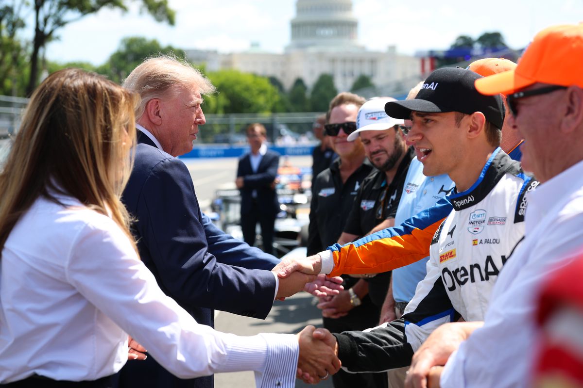 Donald Trump and first lady Melania Trump attend the Freedom 250 Grand Prix in Washington, D.C.