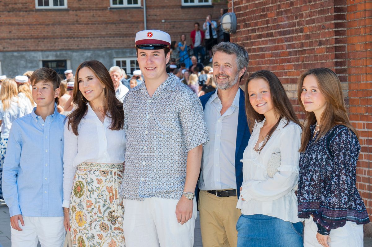 ORDRUP, DENMARK - JUNE 24: Crown Prince Christian, King Frederik X, Queen Mary, Princess Josephine, Prince Vincent and Princess Isabella meet the press as The Crown Prince Christian of Denmark attends his Graduation Ceremony at Ordrup Gymnasium on June 24, 2024 in Ordrup, Denmark. (Photo by Martin Sylvest Andersen/Getty Images)