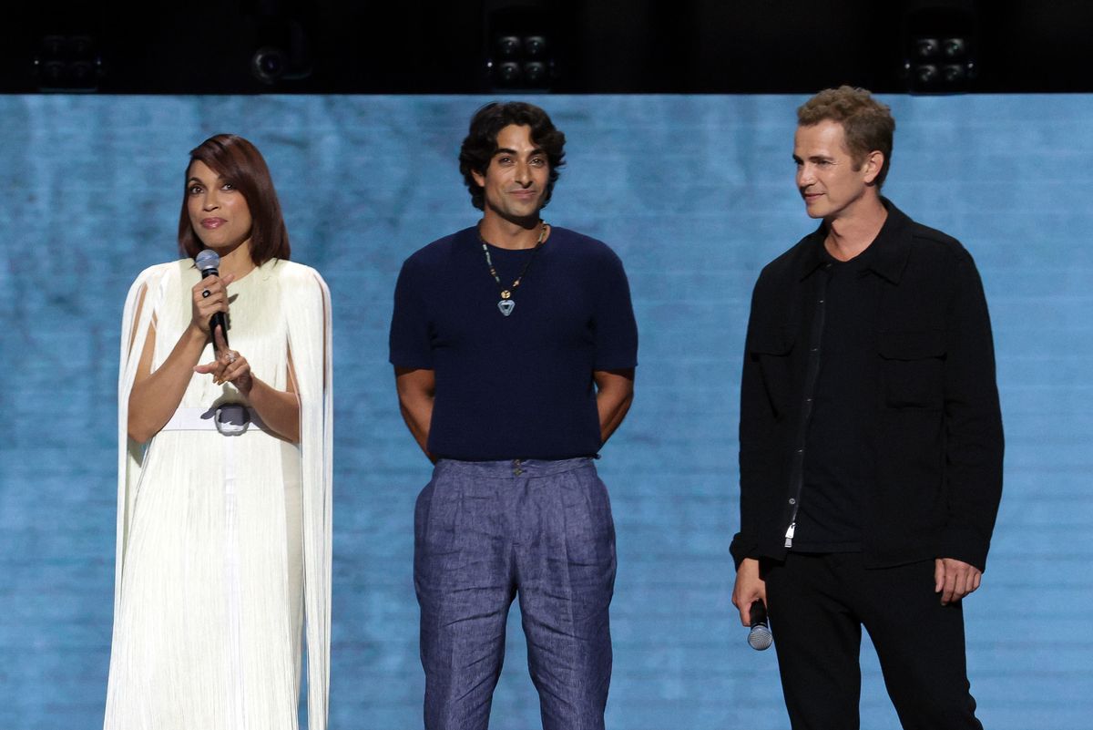 Rosario Dawson, Eman Esfandi and Hayden Christensen speak onstage at the Disney Entertainment Showcase at D23: The Ultimate Disney Fan Event 