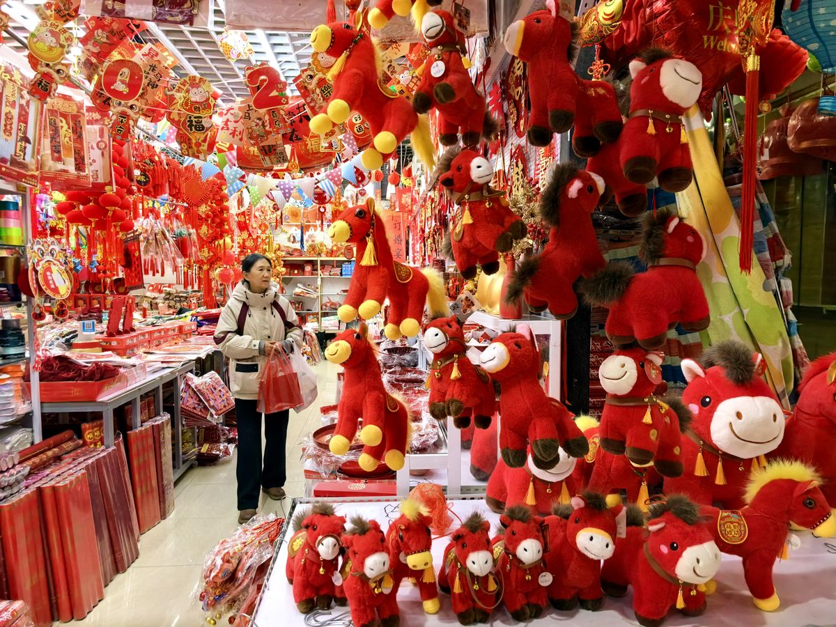 Horse-themed decorations and toys are on sale at a supermarket in preparation for the Year of the Horse in Shenyang