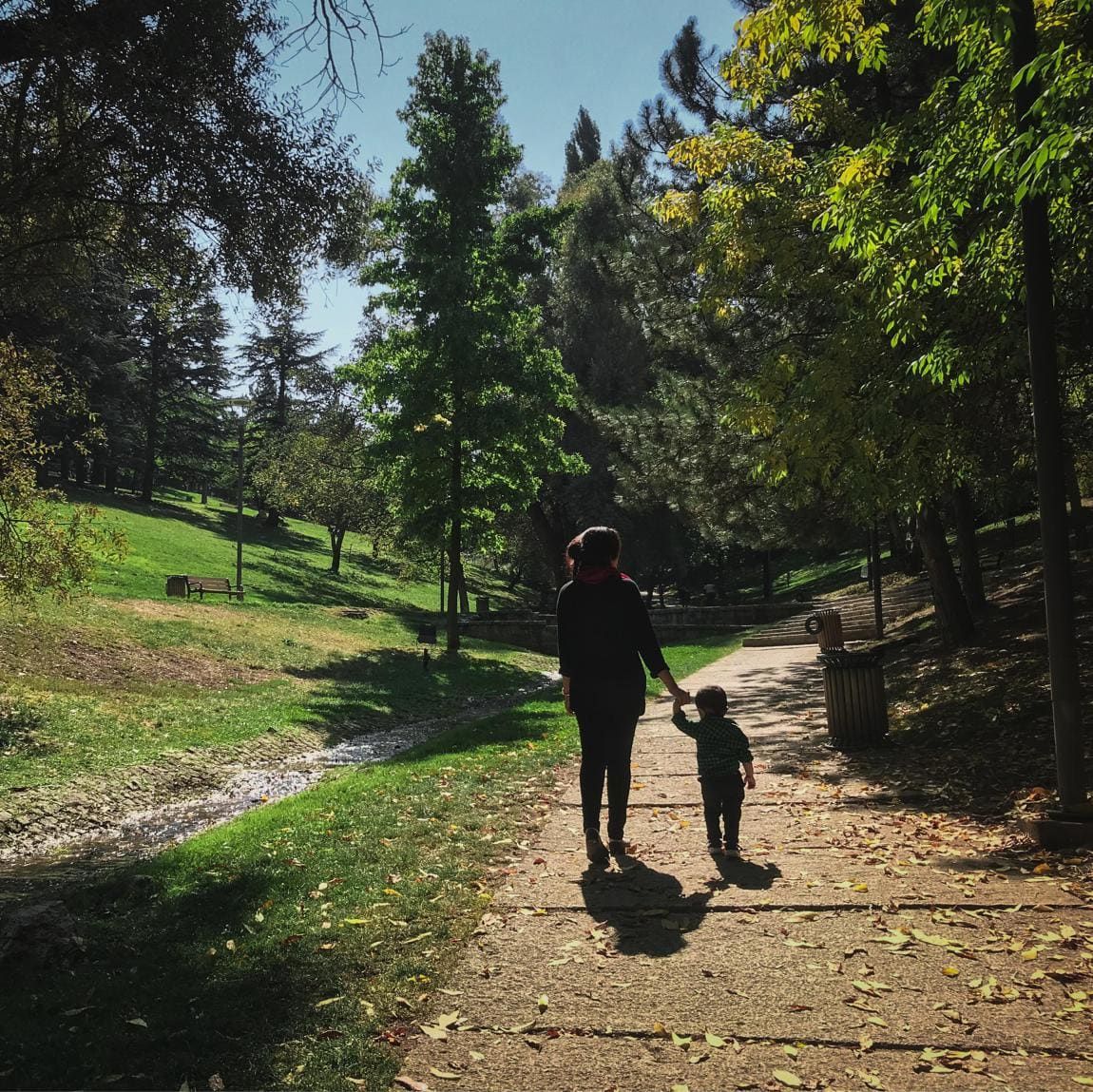 woman holding child's hand