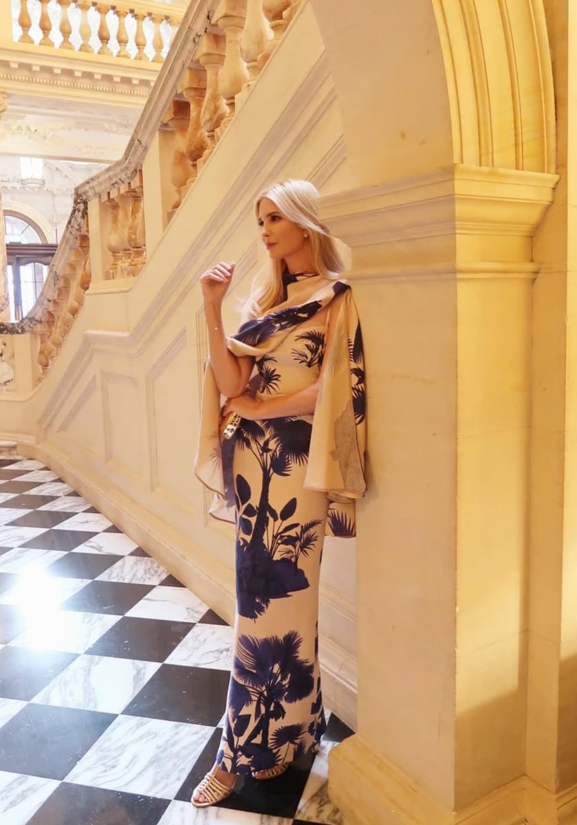 Ivanka completed the look with strappy gold heels, a gold clutch, and delicate jewelry. 