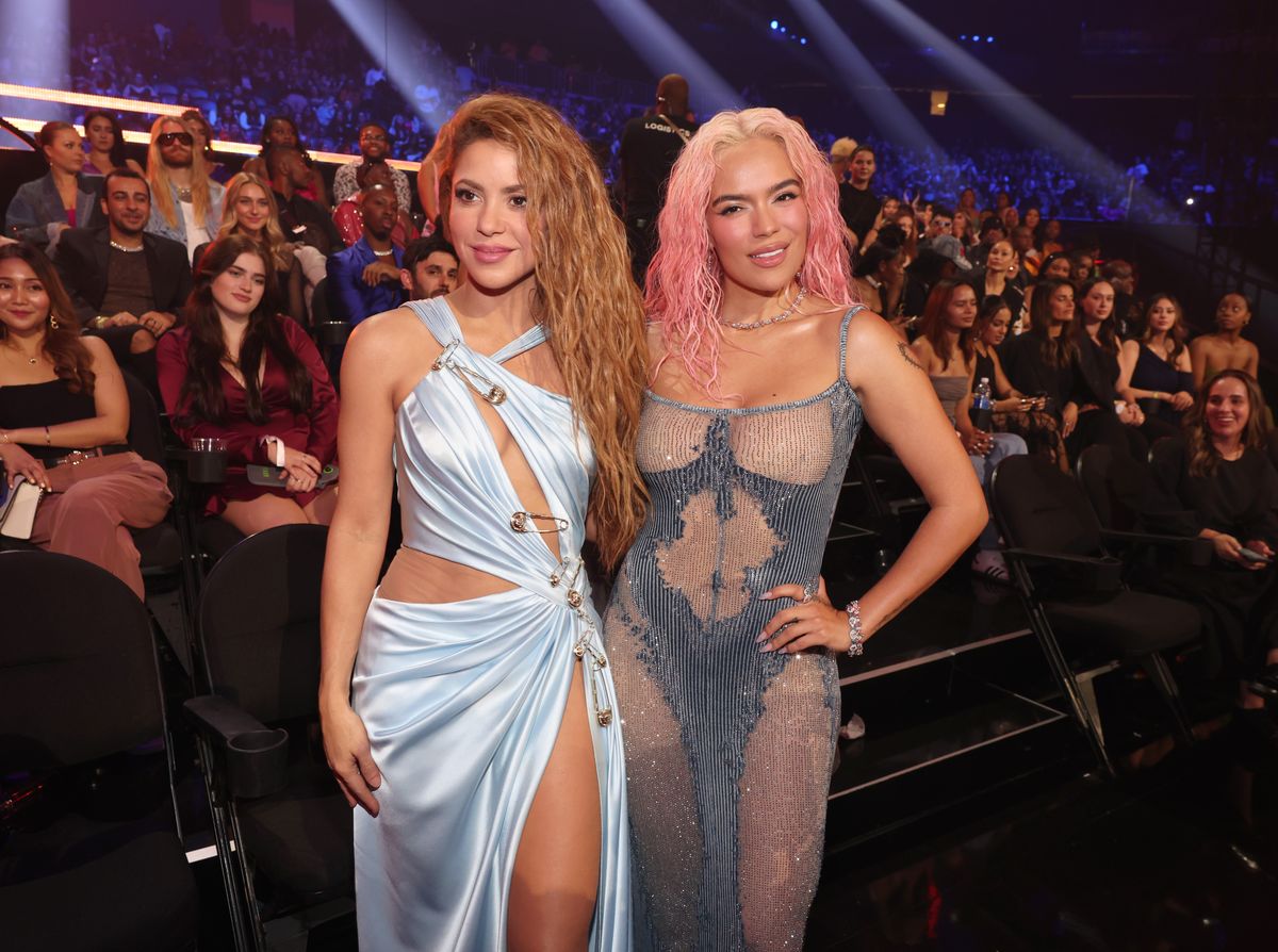 Shakira and Karol G at the 2023 MTV Video Music Awards held at Prudential Center on September 12, 2023 in Newark, New Jersey. (Photo by Christopher Polk/Variety via Getty Images)