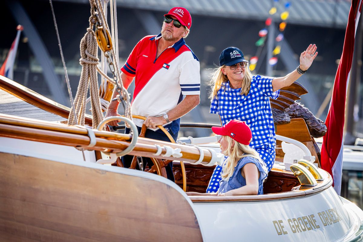AMSTERDAM, NETHERLANDS - AUGUST 20: King Willem-Alexander of The Netherlands, Princess Mabel of The Netherlands and Countess Luana of The Netherlands sail on the Groene Draeck ship during Sail Amsterdam on August 20, 2025 in Amsterdam, Netherlands. (Photo by Patrick van Katwijk/Getty Images)