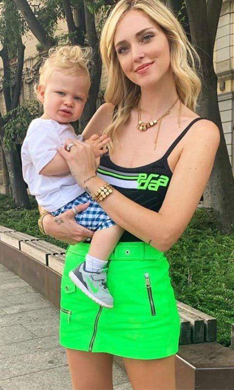 Chiara Ferragni with a neon biker-inspired mini skirt