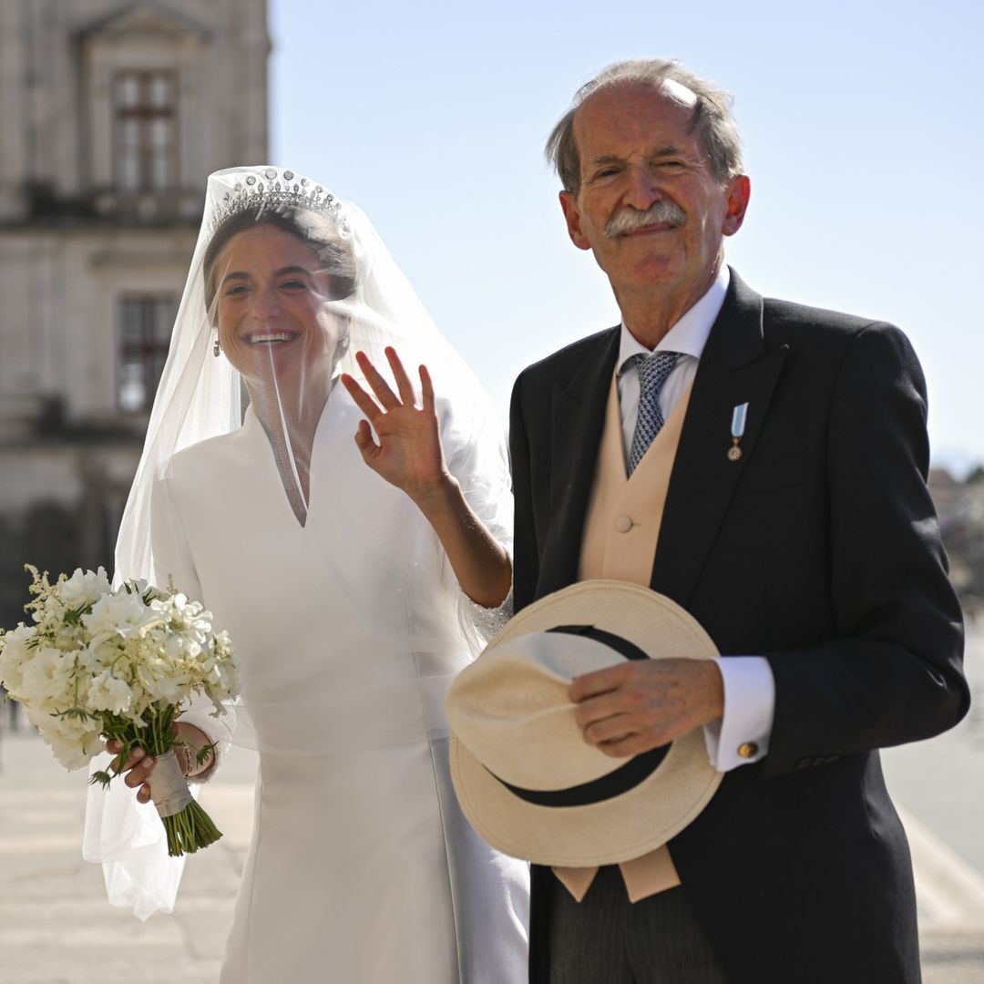 Francisca de Braganza with her father Duarte de Braganza at her wedding to Duarte de Sousa Araujo in Mafra in 2023