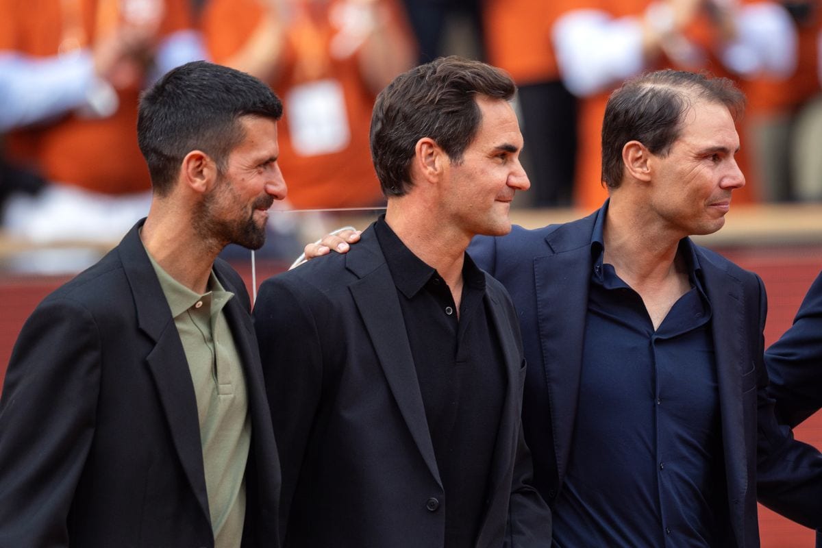 Rafael Nadal of Spain with Roger Federer and Novak Djokovic during his presentation ceremony paying tribute to his career on a packed Court Philippe-Chatrier during the 2025 French Open Tennis Tournament at Roland Garros on May 25th, 2025, in Paris, France. 
