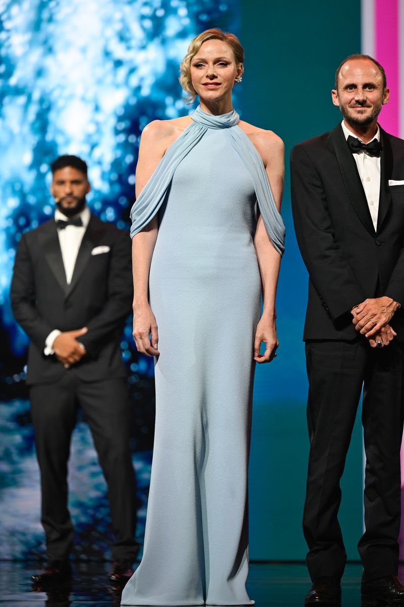 Princess Charlene embraced Old Hollywood glamour in an ice-blue Louis Vuitton gown at the 64th Monte-Carlo Television Festival.