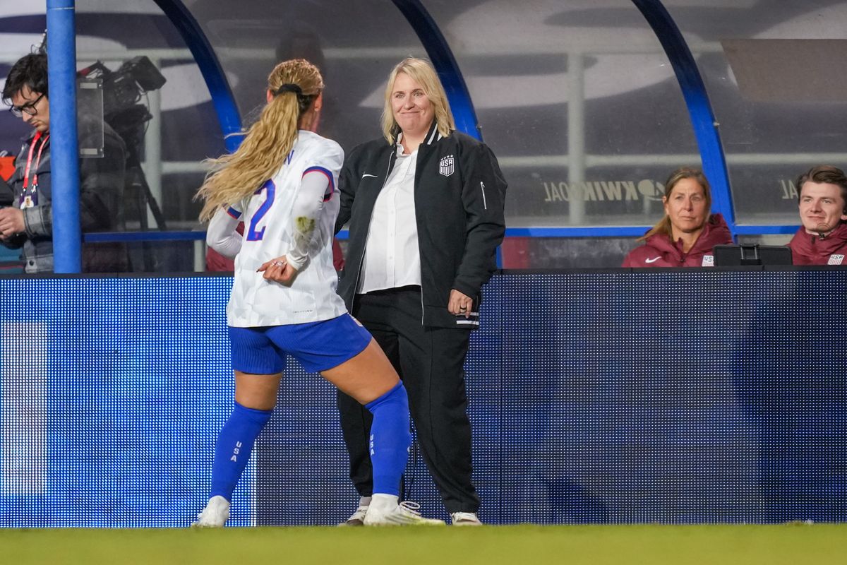 Trinity Rodman #2 of the United States celebrates with the United States head coach Emma Hayes after scoring a goal.