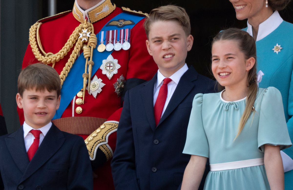 LONDON, ENGLAND - JUNE 14: Princess Charlotte of Wales, Prince George of Wales and Prince Louis of Wales during Trooping The Colour 2025 on June 14, 2025 in London, England. Trooping The Colour is a ceremonial parade celebrating the official birthday of the British Monarch. The event features over 1,400 soldiers and officers, accompanied by 200 horses. More than 400 musicians from ten different bands and Corps of Drums march and while performing. (Photo by Mark Cuthbert/UK Press via Getty Images)