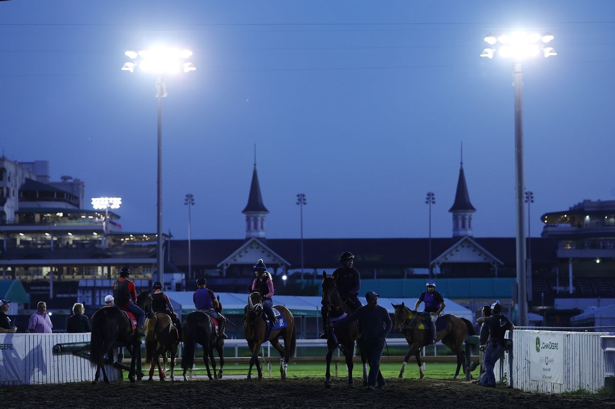 Horses and riders on the track for morning workouts prior to the 151th Kentucky Derby at Churchill Downs on May 02, 2025 in Louisville, Kentucky. 