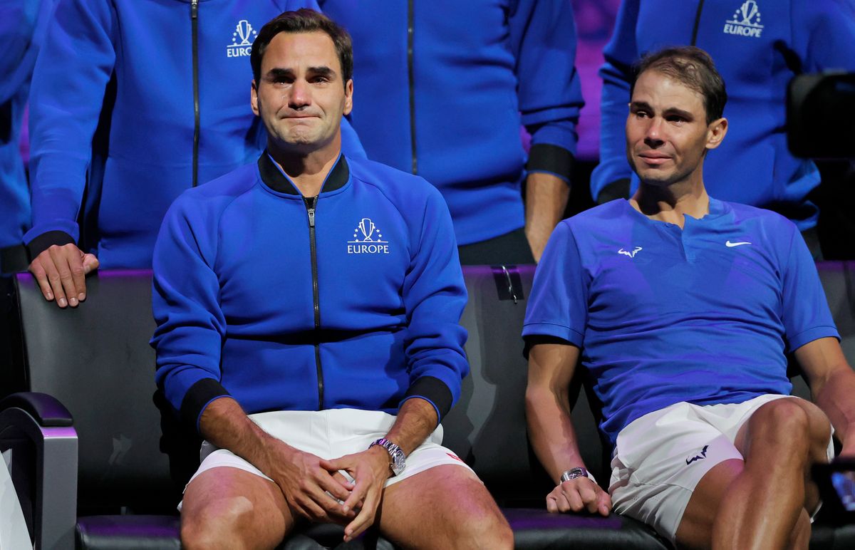 Roger Federer and Rafael Nadal in tears after their doubles game v Frances Tiafoe and Jack Sock, the final match before Federer's retirement, during day one the Laver Cup tennis tournament at the O2 Arena on September 23rd 2022 in Greenwich, London.