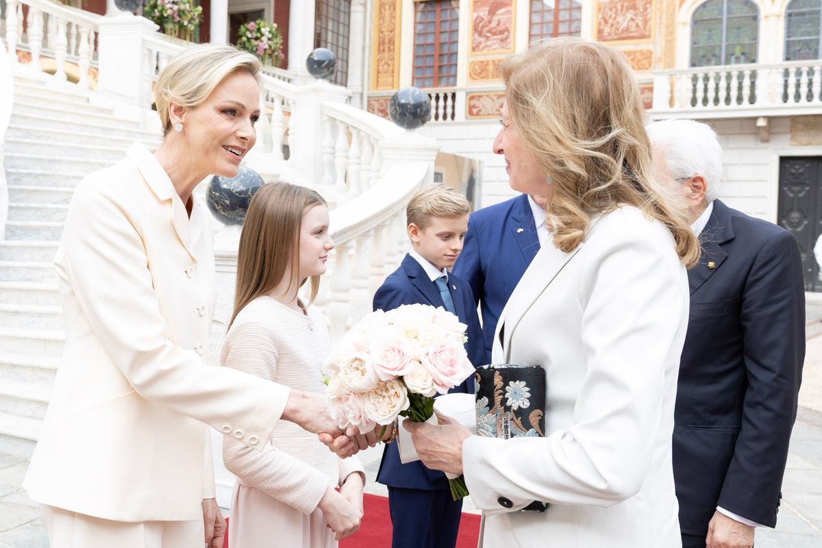 Princess Charlene and Princess Gabriella coordinated in soft pastel tones for the Italian president’s state visit to Monaco.