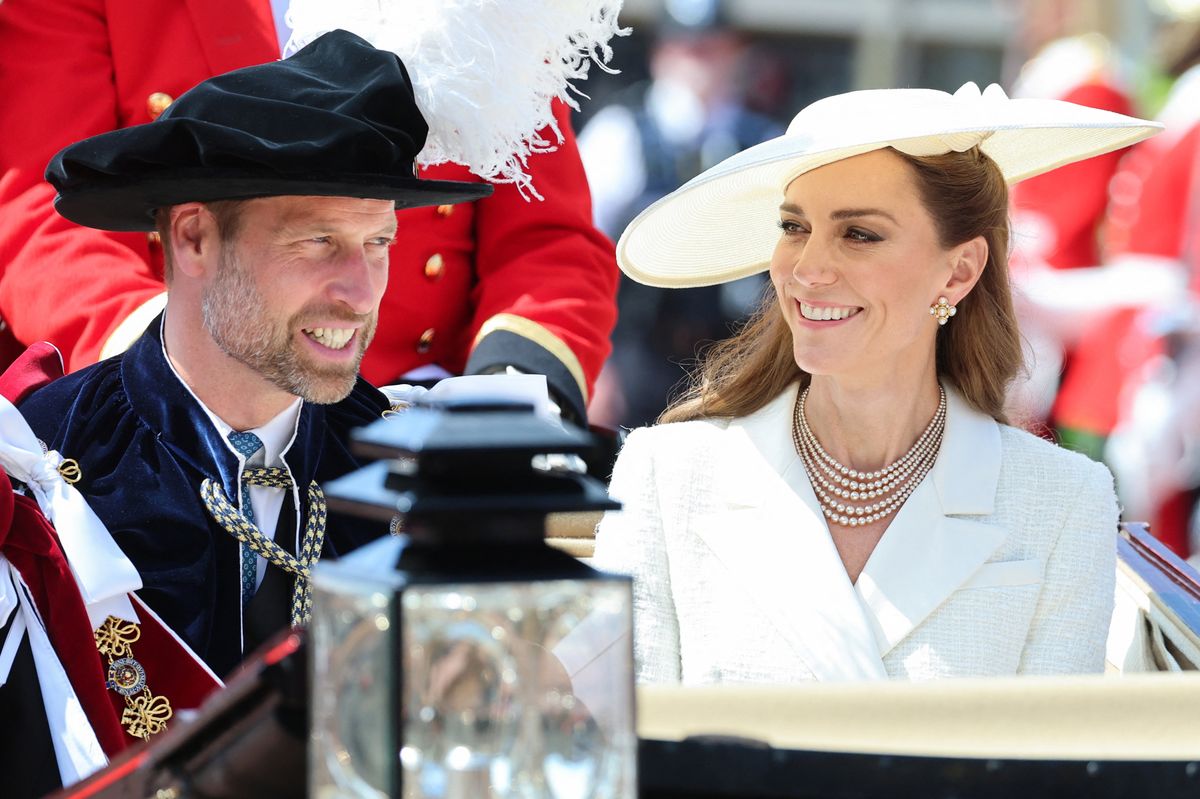 Britain's Prince William, Prince of Wales (L) and Britain's Catherine, Princess of Wales (R) leave in a carriage after the Order of the Garter service at St George's Chapel in Windsor Castle, west of London, on June 16, 2025. The Order of the Garter is the oldest and most senior Order of Chivalry in Britain, established by King Edward III nearly 700 years ago (Photo by Chris Jackson / POOL / AFP) (Photo by CHRIS JACKSON/POOL/AFP via Getty Images)          