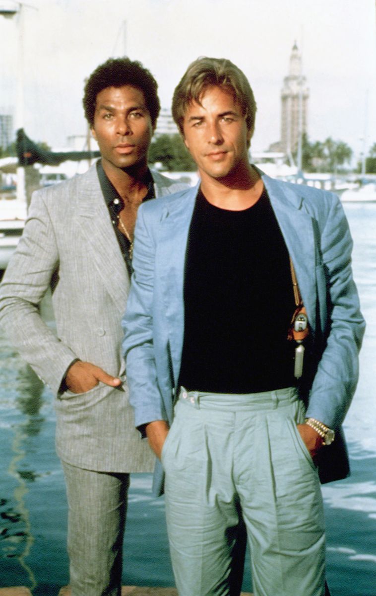 Actors Philip Michael Thomas and Don Johnson in 'Miami Vice', circa 1984. (Photo by Sunset Boulevard/Corbis via Getty Images)