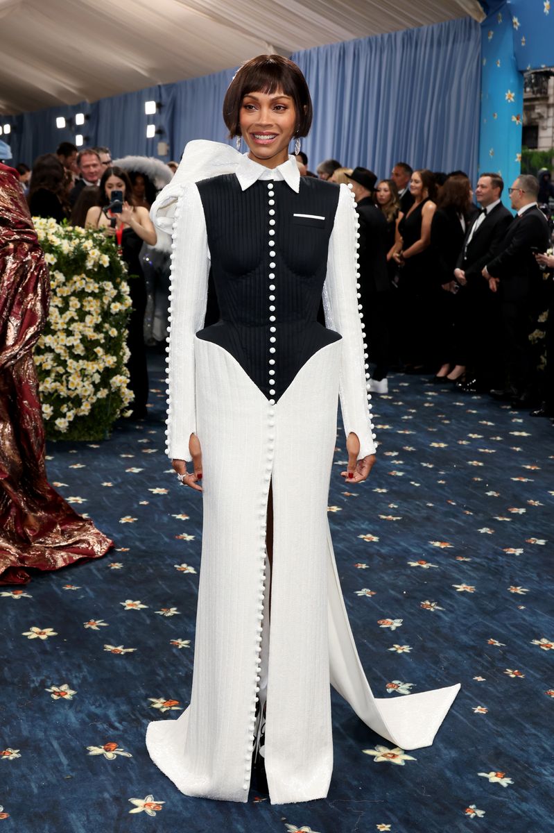 Zoe Saldana attends the 2025 Met Gala Celebrating "Superfine: Tailoring Black Style" at Metropolitan Museum of Art on May 05, 2025 in New York City.