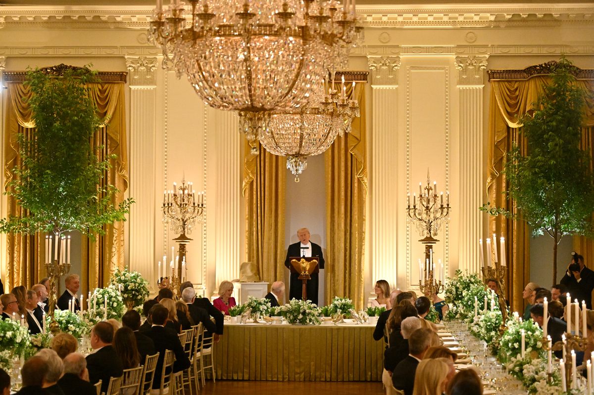 President Donald Trump makes remarks in the East Room during an official state dinner at The White House on day two of the State Visit of King Charles III and Queen Camilla to the United States of America.
