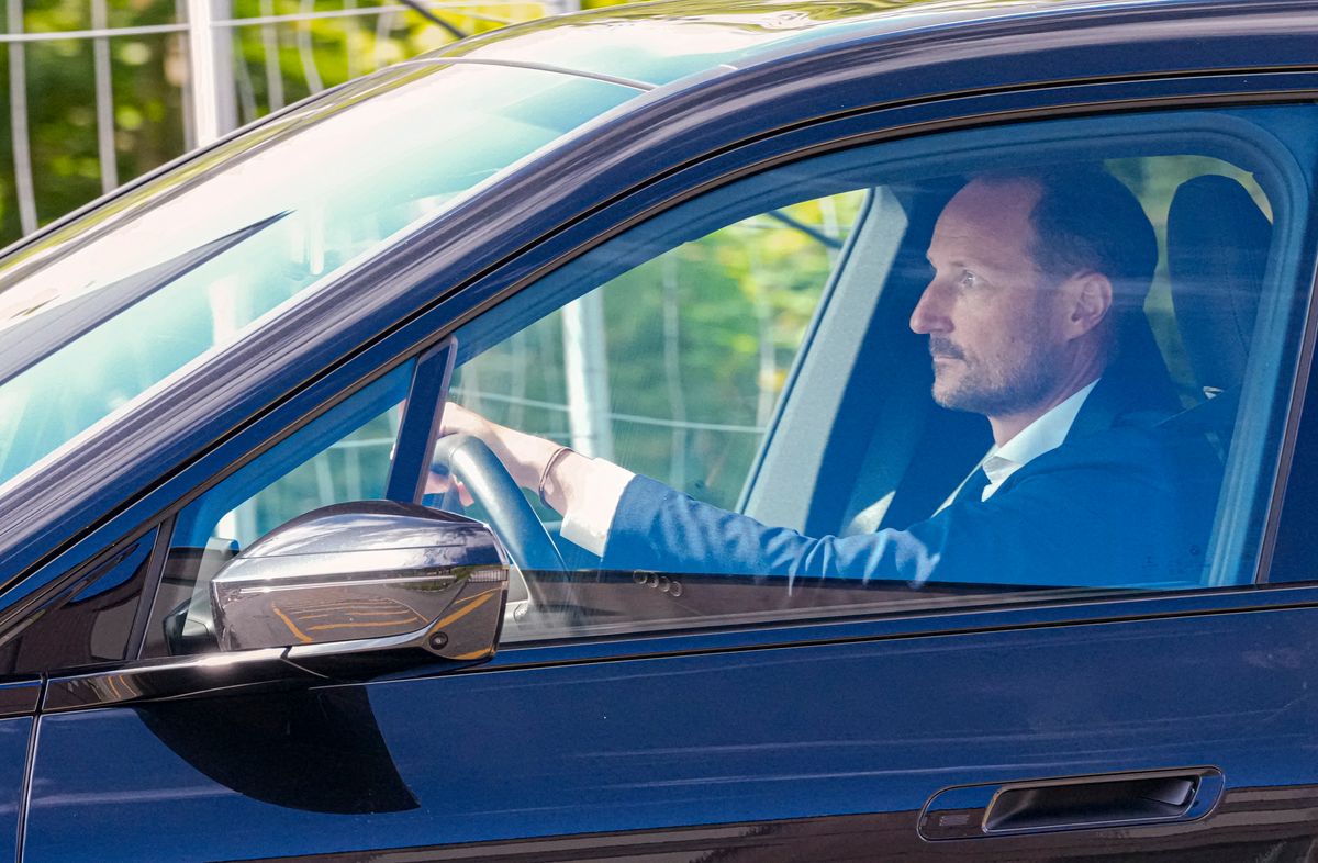 Crown Prince Haakon of Norway drives to Oslo University Hospital in Oslo on August 24, 2026, after King Harald was admitted there.