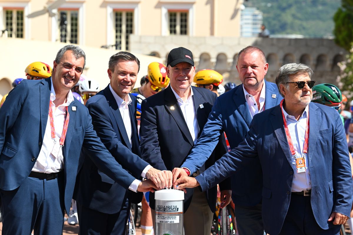 Prince Albert II of Monaco joins La Vuelta race director Javier Guillén and UCI President David Lappartient ahead of Stage 2 of La Vuelta 2026, which set off from Monaco for Manosque, France, on August 23, 2026.
